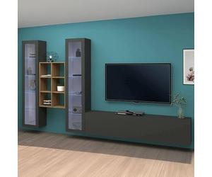 Dmora - Système mural Eros, ensemble de salon meuble TV 3 portes, meuble de salon polyvalent avec vitrine et lumière LED, 100% Made in Italy, 320x30h180 cm, Anthracite