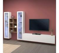 Dmora - Système mural Eros, meuble TV 3 portes, Meuble de salon polyvalent avec vitrine et lumière LED, 100% Made in Italy, 320x30h180 cm, Blanc brillant