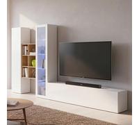 Dmora - Système mural Eugenio, meuble TV 3 portes, Meuble de salon polyvalent avec vitrine et lumière LED, 100% Made in Italy, 320x30h180 cm, Blanc brillant