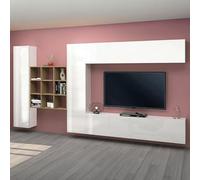 Dmora - Système mural Gualtiero, meuble TV 4 portes, Meuble de salon polyvalent, 100% Made in Italy, 350x30h180 cm, Blanc brillant