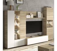 Dmora - Système mural Raleigh, Meuble TV modulaire pour salon, Composition de salon avec éléments muraux et vitrines et lumière LED, 260x42h185 cm, Chêne et Blanc