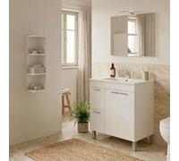 Dmora Wellton Ensemble de Meubles de Salle de Bain Blanc Brillant Miroir Inclus 2 tiroirs, 3 étagères