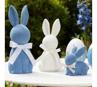 DN DECONATION Lot de 3 figurines de lapins de Pâques en résine bleu et blanc avec nœuds pour décoration de table de printemps et maison de campagne - Décoration de Pâques pour étagère, cheminée, table