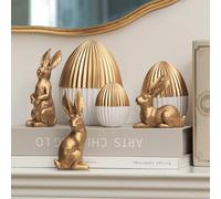 DN DECONATION Lot de 6 décorations de Pâques avec 3 Lapins et 3 œufs de Pâques dorés, Petites Figurines de Lapin de Pâques, décoration de Table de Printemps, Statues de Lapin d'intérieur, décoration