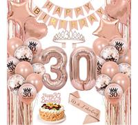 Dncvb Décorations d'anniversaire 30 ans pour femme - Ballons avec bannière, ballons, écharpe et diadème, rideau à franges, décorations de gâteaux - Or rose