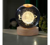 DNIEBW Veilleuse 3D en forme de boule de cristal de Saturne pour enfants - Lampe de nuit avec base en bois - Décoration fantaisie - Boule crsytale LED - Décoration de chambre à coucher (ciel étoilé, 8