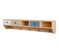 dobar® green label Grand porte-manteau mural en bois avec tiroirs - Porte-manteau avec étagère de rangement - Grande étagère suspendue avec crochets pour le mur - 95 x 18 x 20 cm - Tricolore
