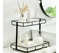 Dobbyby Organiseur de salle de bain pour parfum, maquillage, présentoir de rangement pour cosmétiques, plateaux en acier inoxydable doré et en céramique marbre blanc, taille L, noir