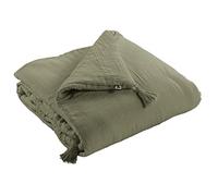 Dock Avenue Edredon - Couverture - Dessus de lit - Bout de lit - avec 4 Pompons - Certifié Oeko-Tex - Gaze de Coton - 150 x 150 cm Gaia Coloris Vert Romarin