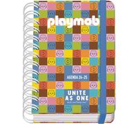 Dohe - Agenda Scolaire 2025 2026 - Page Par Jour, Taille A6 (12x17 cm), Espagnol et Anglais, Fermeture à Spirale Double et Élastique, Couverture Rigide, 4 Pages d'Autocollants - Playmobil Unite As One
