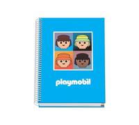 DOHE - Cahier A5 quadrillé - Reliure spirale, 100 feuilles de 90 g/m², quadrillage 5 mm, couverture rigide, Playmobil Core, matériel scolaire - Bleu