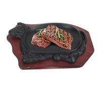 DOITOOL Assiette à Steak en Fonte Noire Plateau en Bois, Poêle à Griller Antiadhésive, Bord Lisse et Arrondi, Maison Repas Conviviaux
