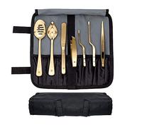 DOJA Barcelona | Outil de Placage de Chef Professionnel | Couleur: Doree | 7 Pièces avec Etui | pour Cuisine | Cuillere Perforee, Pincettes Pince Pinces Cuisson, Poisson, Crayon de Chef, Spatule...