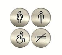 DOJA Barcelona | Pictogramme Rond en Acier | Dames + Messieurs + handicapé + Fumer Interdit | Couleur Gris | 100mm Ø | Stickers Toilette | Panneau WC Adhesif | Signe Salle de Bain | Signalétique WC