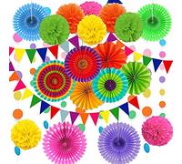 DOJoykey Lot de 21 décorations de fête, éventails en papier à suspendre, fleurs à pompons, drapeaux en papier et ficelle à pois pour mariage, fête prénatale, décoration de fête Fiesta