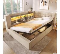 Dolamaní Canapé-lit capitonné, 140 x 200 cm, avec espace de rangement hydraulique, tête de lit en forme de L, éclairage LED et USB, cadre de lit avec sommier à lattes, tissu en lin, sans matelas