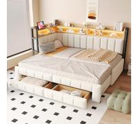Dolamaní Canapé-lit rembourré 90/180 × 200 cm beige avec partie de lit extensible et 2 tiroirs, éclairage LED, étagère et compartiments de rangement, tissu velours, sans matelas