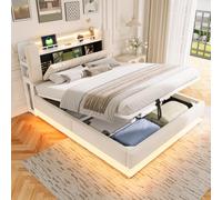 Dolamaní Lit double rembourré 160 x 200 cm, lit hydraulique avec espace de rangement, lit pour adolescent avec éclairage LED et USB, lit à sommier tapissier avec coffre de lit, tissu tapissé