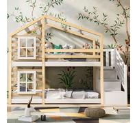 Dolamaní Lit enfant en bois 90 x 200 cm avec échelle, lit superposé 90 x 200 cm, lits superposés avec tiroir et barrière de sécurité, lit simple pour enfant, 2 sommier à lattes, Naturel & Blanc