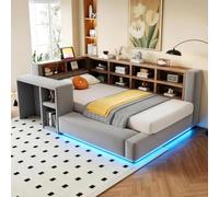 Dolamaní Lit rembourré avec LED et table d'appoint, 90 x 200 cm, gris foncé | Canapé-lit avec compartiment de rangement à plusieurs niveaux et table d'appoint, lit fonctionnel pour enfants, adolescents