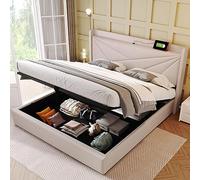 Dolamaní Lit Rembourré Double avec Tête de Lit et Sommier à Lattes, Espace de Rangement, Coffre, en Tissu Lin pour Adolescent et Adulte (180 cm, Beige), 822021AAB-11