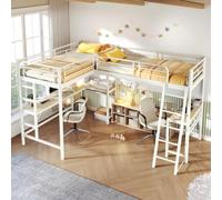 Dolamaní Lits superposés 2 lits en métal en forme de L avec bureau Blanc | Lit mezzanine avec cadre en fer, table sous le lit, double escalier et rampe haute, sans matelas