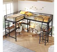 Dolamaní Lits superposés 2 lits en métal en forme de L avec bureau Noir | Lit mezzanine avec cadre en fer, table sous le lit, double escalier et rampe haute, sans matelas