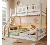 Dolamaní Lot de 2 lits superposés, avec sommier à lattes, 90 x 200 cm et 140 x 200 cm, en bois, avec protection anti-chute, pour enfants, garçons et filles, cadre de lit, sans matelas (blanc + naturel