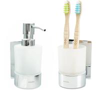 Dolvhin® Distributeur de Savon et Porte-Brosse à Dents Mural | Verre dépoli à Coller | Gobelet à Dents INOX sans perçage | Doseur Savon Liquide | Set Salle de Bain élégant | Chrome Poli