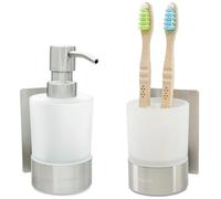 Dolvhin® Distributeur de Savon et Porte-Brosse à Dents Mural | Verre dépoli à Coller | Gobelet à Dents INOX sans perçage | Doseur Savon Liquide | Set Salle de Bain élégant | Gris argenté