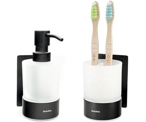 Dolvhin® Distributeur de Savon et Porte-Brosse à Dents Mural | Verre dépoli à Coller | Gobelet à Dents INOX sans perçage | Doseur Savon Liquide | Set Salle de Bain élégant | Noir Mat