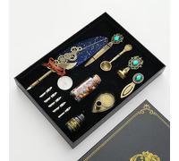 Domary Ensemble Stylo Plume et Encre Vintage, Stylo Plume en Métal | Ensemble de Stylos à Tremper avec 12 Plumes de Rechange, Encre 10 Ml, Perles de Sceau de Cire, Tampon de Sceau,
