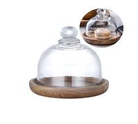 Dôme à dessert en verre avec base en bois, mini support à gâteau, assiettes à gâteau en bois avec dôme, plateau de service pour cuisine, anniversaire, mariage, apéritif, dessert et fromage (rond, 10,2