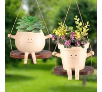 Domensi Lot de 2 Pots de Fleurs Mignons à Suspendre en Forme de tête pivotante pour Plantes vivantes ou extérieures en résine avec Trou de Drainage, en Forme de tonneau et sphérique