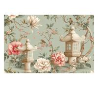 DOMEVISTA Papier Peint Photo Intissé Jardin Lanternes Asie Vert 450x280 cm | Lanterne Oiseau Fleur Botanique Pétales Feuilles Prairie Bouquet Fresque Panorama Tapisserie XXL; colle incluse.
