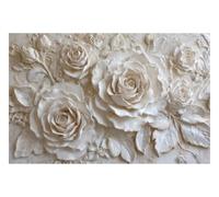 DOMEVISTA Papier Peint Photo Intissé Roses Relief Plâtre Blanc 350x260 cm | Sculpture Monochrome Pétales Feuilles Vintage Fleurs Botanique Jardin Bouquet Feuillage Forêt Nature Plantes; colle incluse.