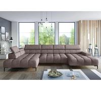 DOMO-HOME Canapé d'angle PLAZA XL avec fonction relax électrique 385x216cm | Design moderne| Finition de haute qualité| Appuie-têtes réglables| Couleur marron clair solaire| Gauche