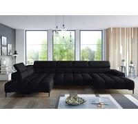 DOMO-HOME Canapé d'angle PLAZA XL avec fonction relax électrique 385x216cm | Design moderne| Finition de haute qualité| Appuie-têtes réglables| Couleur noir solaire| Gauche