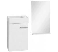 DomoDomo Ensemble de Meubles de Salle de Bain avec lavabo et Miroir 40 | Meuble de lavabo suspendu en blanc brillant avec lavabo en céramique et étagère miroir - Idéal pour les petites salles de