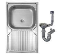 DomoDomo - Évier de cuisine 1 bac 80x50 cm avec égouttoir - cuve en acier inoxydable satiné à poser - siphon inclus, idéal pour plan de travail 80 cm
