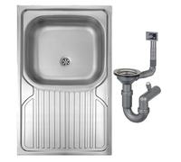 DomoDomo - Évier de cuisine 80x50 cm à poser avec égouttoir - cuve unique en acier inoxydable satiné - siphon inclus, design moderne