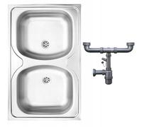 DomoDomo - Évier de cuisine 80x50 cm à poser en acier inoxydable satiné - double cuve compacte sans égouttoir - siphon inclus