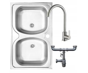 DomoDomo - Évier de cuisine inox 80x50 cm à poser, double bac sans égouttoir - Robinet d’évier de cuisine inox pivotant - Siphon d’évier de cuisine inclus
