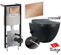 Domotechnika | Ensemble : cadre + bouton en cuivre + cuvette de WC avec bidet - 51 x 35,5 cm - Robinetterie noire - WC suspendu