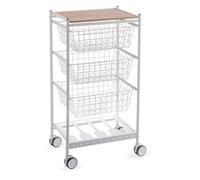 DON HIERRO - Desserte de cuisine KARINA, Gamme basique, 3 grands paniers coulissants et porte-bouteilles, Blanc-Hêtre