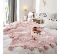 Doneus Couverture tricotée à pompons 100 % coton doux pour canapé et canapé (Ivoire, 129,5 x 160 cm) 51x63in(130x160cm) rose