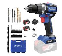 Dong Cheng Perceuse visseuse à percussion sans fil Brushless 20V 90 Nm, 2×4,0 Ah, 3 Modes-vissage, perçage et percussion, Mandrin Métal 13 mm, 2 Vitesses, Réglage du Couple 19+2, avec Coffret