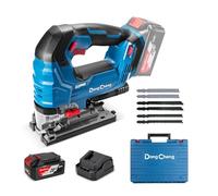 DongCheng Scie sauteuse sans fil, Course 26mm, Bois 120mm/Acier 10mm | Max 45°, 6 vitesses, Soufflerie, Raccord d'aspiration, 6 lames, batterie 4Ah, chargeur, coffret
