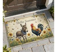 Donkey Welcome Paillasson rustique avec coq et tournesol d'été jaune antidérapant pour porte d'entrée, terrasse, 73,6 x 43,2 cm