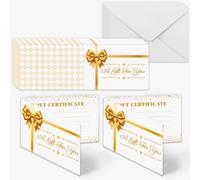 DOODLREAM Lot de 50 certificats cadeaux vierges avec nœud doré 30 x 10 cm | Cartes-cadeaux de visite à paillettes avec enveloppes assorties, bons personnalisés pour anniversaire
